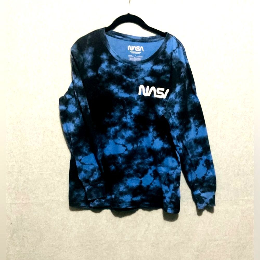 NASA Isaac Morris Blue Tie Dye Long Sleeve Graphic T-Shirt Size L 100% Cotton